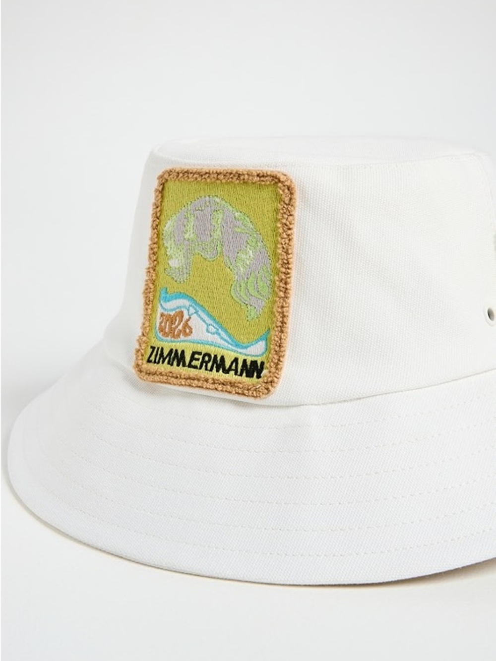 Zimmermann frayed White Cotton Bucket Hat with Green Patch